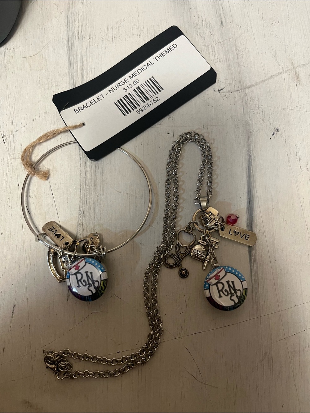 Nurse Medical Themed Bracelet and Necklace Set - Silver with Multicolor Accents